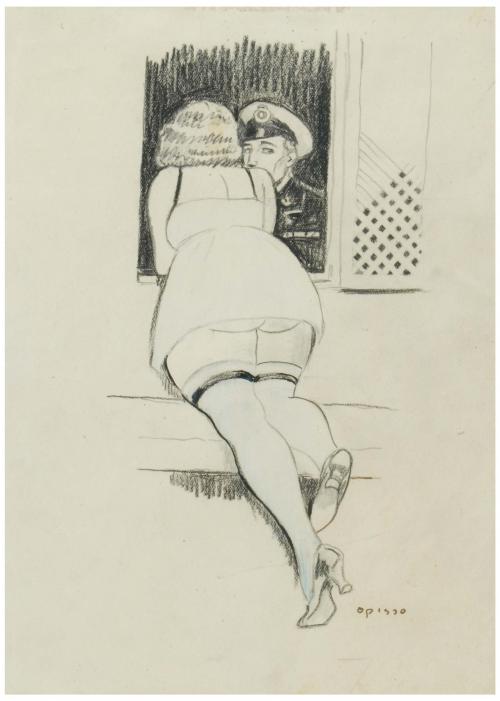 RICARD OPISSO (1880-1966), Pelando la pava., Dibujo a lápiz