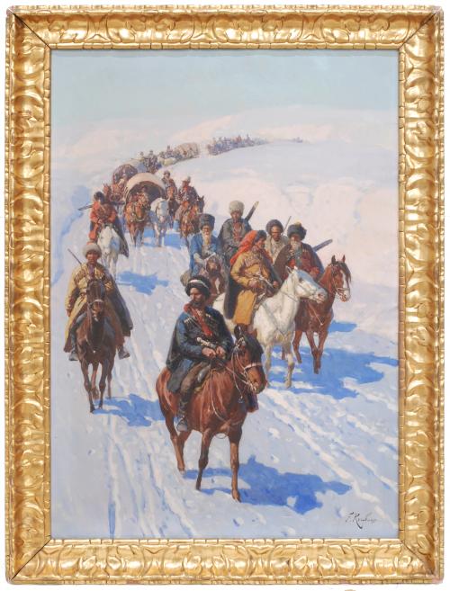 FRANZ A. ROUBAUD (1856-1928) "Tropas caucásicas cruzando las brumas en las montañas caucásicas".