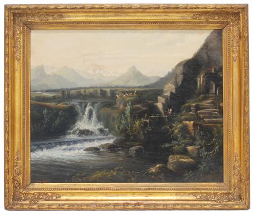 ENGLISH SCHOOL, C19th "LANDSCAPE WITH WATERFALL" 1853