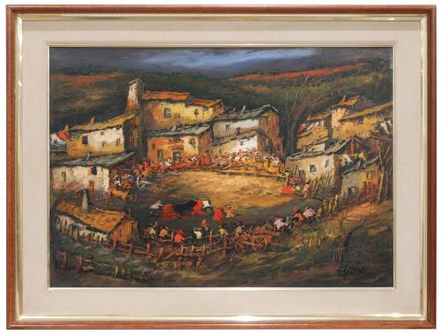 JUAN ESCODA (1920/21-2012). "Toros en la plaza del pueblo".