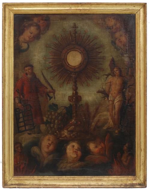 SPANISH SCHOOL, C 18th " EUCHARISTIC ALLEGORY WITH SAINT LAWRENCE AND SAINT SEBASTIAN" 