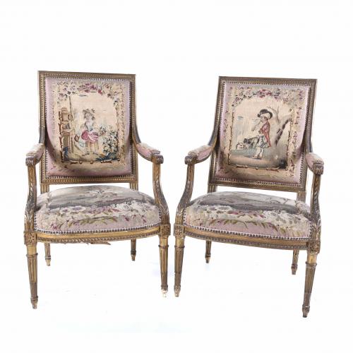 PAIR OF FRENCH LOUIS XVI STYLE ARMCHAIRS, SECOND HALF OF THE 19TH CENTURY.