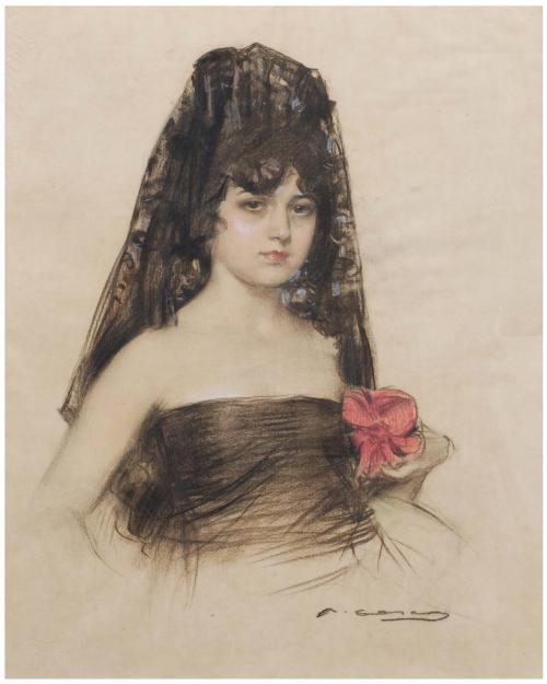 RAMON CASAS Y CARBÓ (1866-1932). "Julia con mantilla y flor".