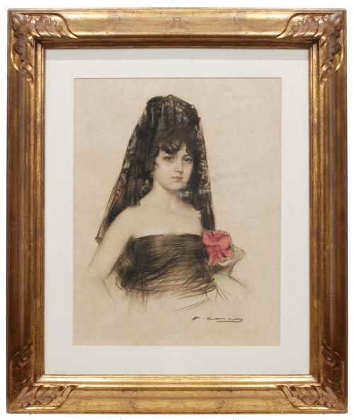 RAMON CASAS Y CARBÓ (1866-1932)., "Julia con mantilla y flo