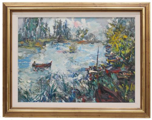 Oil on canvas.Entitled, dated and signed on the reverse, 1980, as signed also on the front on the lower area.60,5 x 82 cm. and 101 x 79,5 cm. (frame).