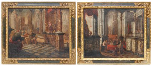 Oil on canvas.Pair of religious paintings.Relining of the canvas and small losses of the frame.81 x 98 cm and 103 x 120 cm (frame).