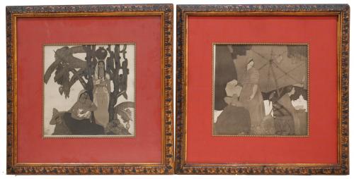 Pair of signed etchings with costumbrist scenes.One of frame with glass.31 x 31 cm and 57,5 x 57,5 cm (frame).