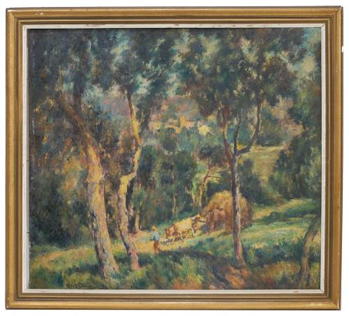 Oil on board.Signed on the lower left corner, as signed and dated on the back, 1945.Losses on frame.88 x 98 cm. and 102,5 x 113 cm. (frame).