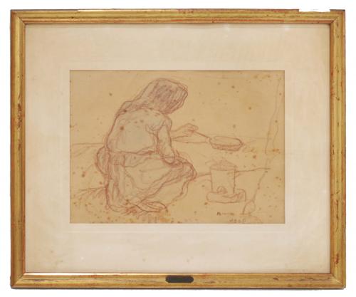 Crayon on paper.Signed and dated, 1908.Rust stains and losses on the frame.22 x 30 cm and 41 x 47,5 cm (frame).