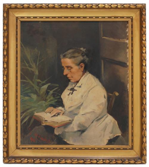 Oil on canvas. Signed and dated in the lower left corner, 1894.Published in the catalogue "Josep Cusachs i Cusachs. Maestros del Arte de los siglos XIX y XX".Slight damage on frame.85 x 75 cm. (canvas), 106,5 x 97 cm. (frame). 