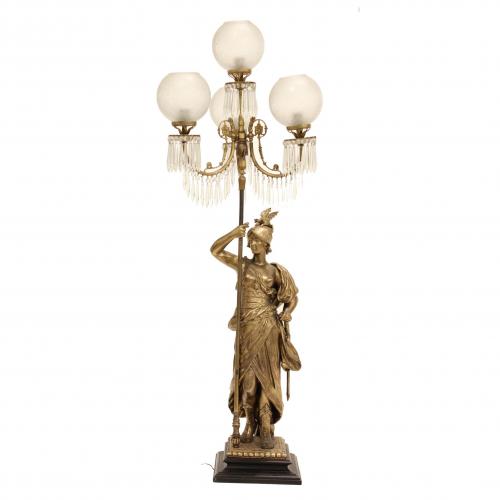 Minerva figure in gilt bronce, 4 bulbs, glass shades. Electrified.150 x 50 x 50 cm.