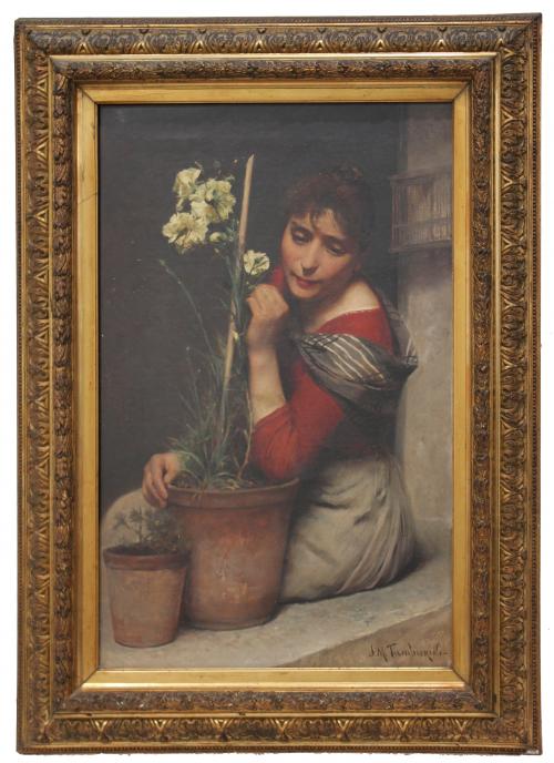 JOSEP MARÍA TAMBURINI I DALMAU (1856-1932). "YOUNG GIRL WITH CARNATIONS".