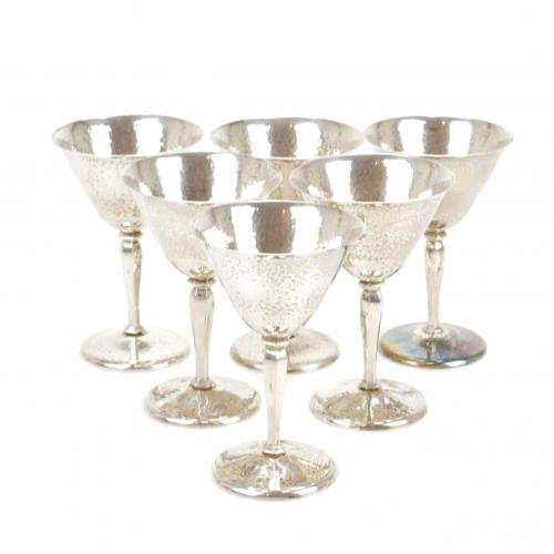 SIX GOBLETS  IN "HAMMERED" SILVER, MID  C20th