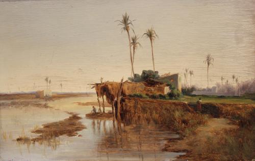 CARLOS DE HAES (1826-1898). "PALM TREES OF ELCHE", "RIVER M