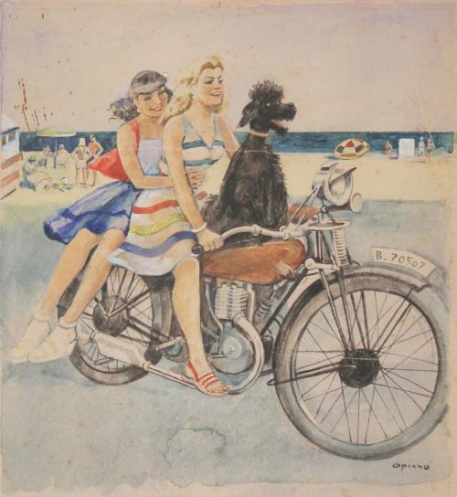 RICARD OPISSO (1880-1966). "PASEO EN MOTO POR LA PLAYA".