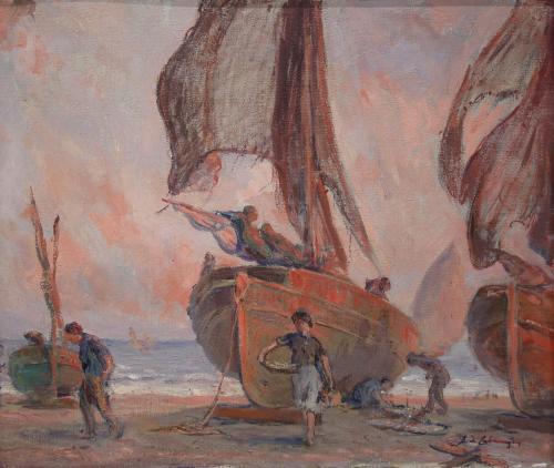 ALEXANDRE DE CABANYES MARQUES (1877-1972). " BOATS ON THE BEACH  AT DUSK"