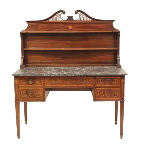 ENGLISH STYLE WRITING DESK WITH SHELF, CIRCA 1940.