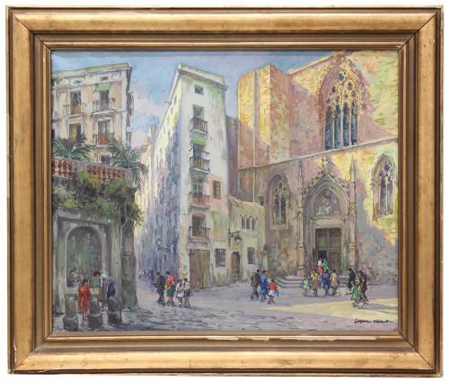 RAMÓN LÓPEZ MUÑOZ (1905-1985). " LA PLAZA DE JUSTO Y PASTOR", BARCELONA.