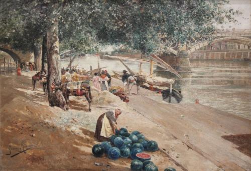 MANUEL GARCÍA Y RODRÍGUEZ (1863-1925). "MERCADO JUNTO AL RÍO", SEVILLA 1904.