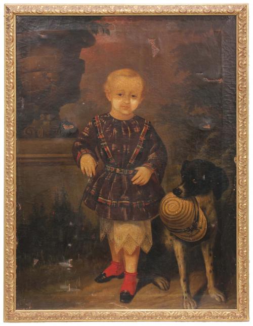 ESCUELA ESPAÑOLA, SIGLO XIX. "NIÑO CON PERRO" , 1855.