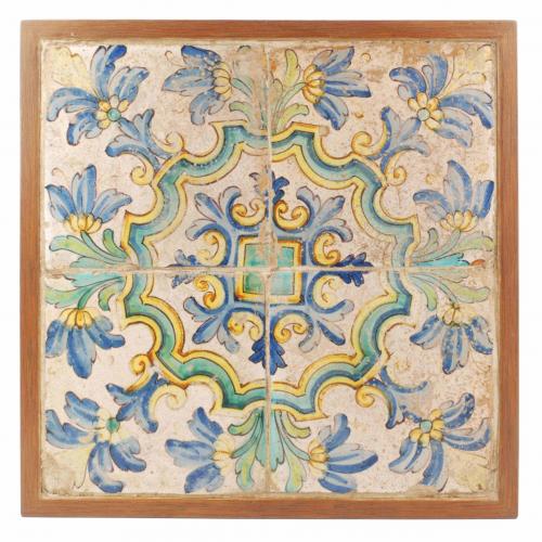 PANEL OF FOUR CATALAN "SAMPLE" TILES, 18TH CENTURY.