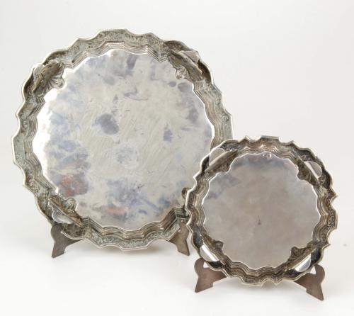 SET OF ENGRAVED SILVER PORTUGUESE TRAYS, ESRLY C20th