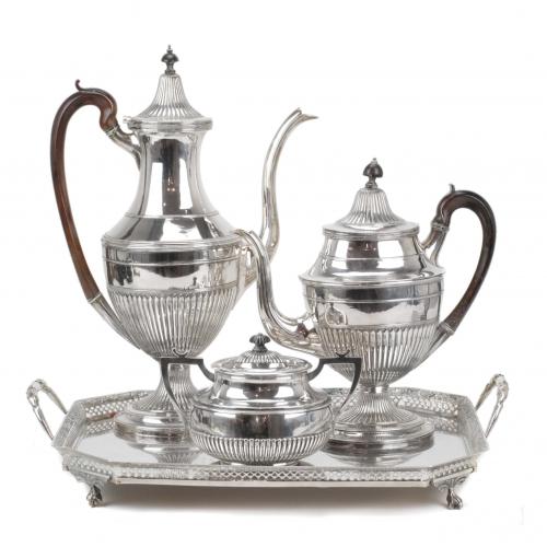 LARGE PORTIGUESE SILVER COFFEE POT, SUGAR BOWL AND TRAY, LA