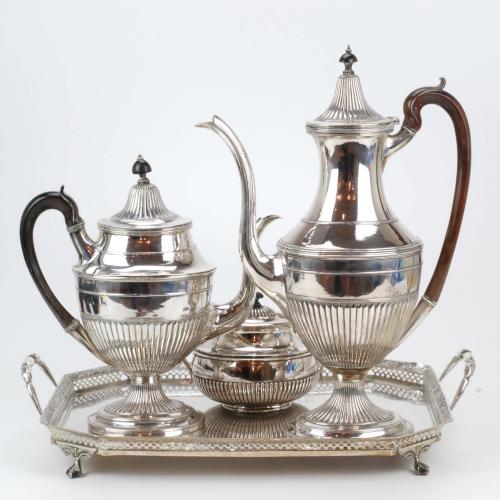 LARGE PORTIGUESE SILVER COFFEE POT, SUGAR BOWL AND TRAY, LA