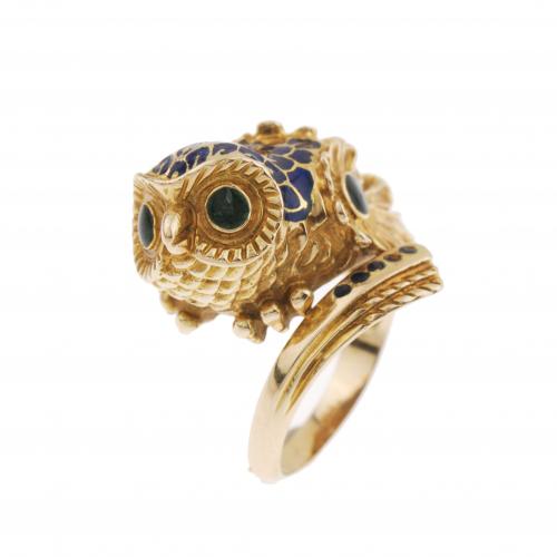 GOLD AND ENAMEL OWL RING