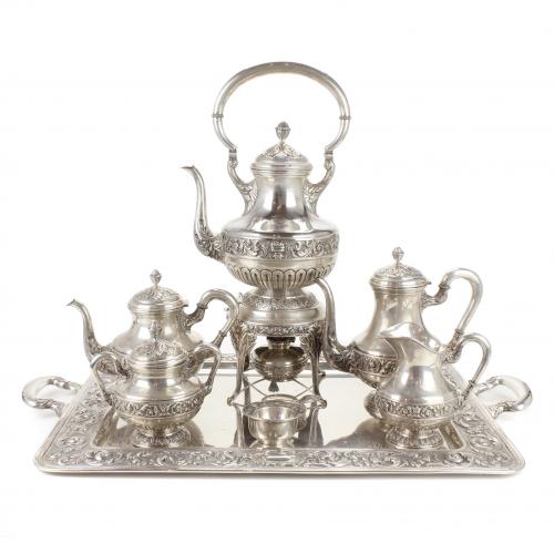 LARGE SPANISH SILVER COFFEE AND TEA SET WITH SAMOVAR, MID C