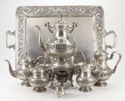 LARGE SPANISH SILVER COFFEE AND TEA SET WITH SAMOVAR, MID C