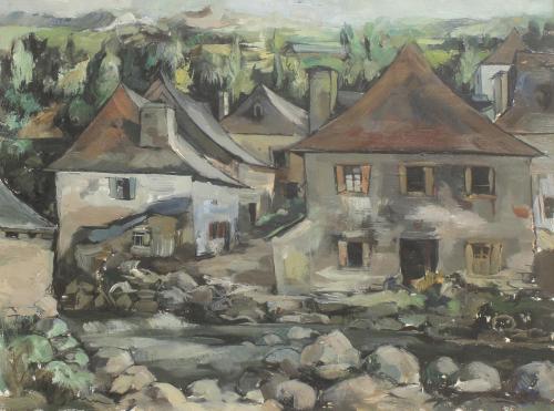 JOAN SERRA MELGOSA (1899-1970). "PAISAJE CON RÍO Y CASAS".