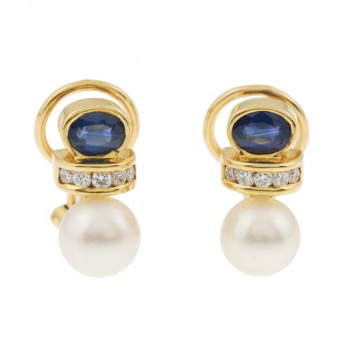 SAPPHIRE DIAMOND AND PEARL EARRINGS.