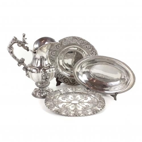 SILVER SPANISH VASE AND THREE CENTREPIECES, SECOND HALF C20th.