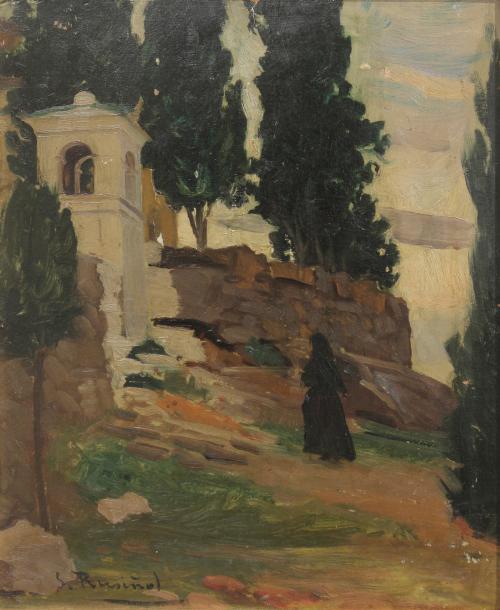 SANTIAGO RUSIÑOL (1861-1931). "FIGURE IN FRONT OF THE HERMITAGE ON THE OUTSKIRTS OF SITGES",