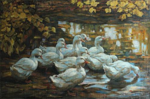 ALEXANDER KOESTER (1864-1932). "DIEZ PATOS EN LA ORILLA DEL RÍO".