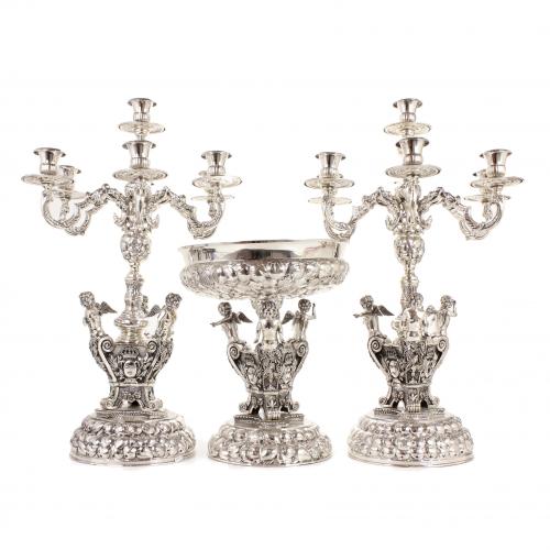 SILVER DECORATIVE CENTRE PIECE AND PAIR OF CANDELABRAS, MID C20th.