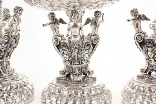 SILVER DECORATIVE CENTRE PIECE AND PAIR OF CANDELABRAS, MID