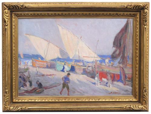 ALEXANDRE DE CABANYES MARQUES (1877-1972). "BOATS ON THE BEACH". VILANOVA.