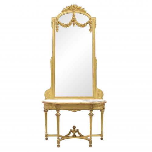 Console 83 x 127 x 48 cm. Mirror 194 x 119 cm.  NEO-CLASSICAL STYLE CONSOLE WITH MIRROR, C20th.