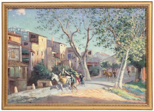 IVO PASCUAL RODES (1883-1949). "VILLAGE SCENE WITH PEOPLE AND DONKEY", 1940