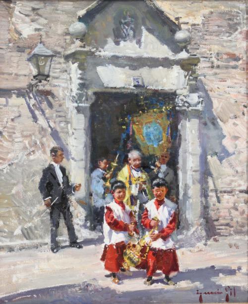 IGNACIO GIL (1913-2003). "SALIDA DE UNA PROCESIÓN DE UNA IGLESIA".