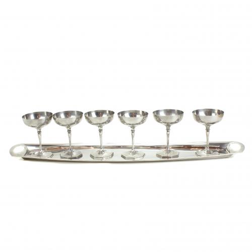 SET OF SIX SPANISH SILVER CAVA GLASSES AND TRAY, MID C20th.