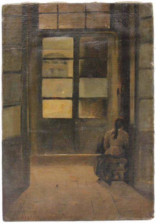 RICARD URGELL (1873–1924). "INTERIOR WITH YOUNG GIRL FROM BACK."