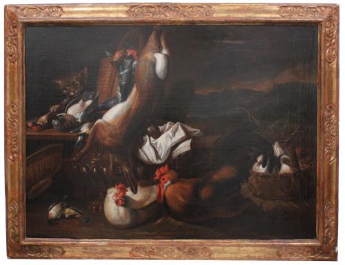 JACOPO DA CASTELLO (1637-1712). "STILL LIFE WITH BIRDS,   ANIMALS FROM THE HUNT, CAT AND A VASE".