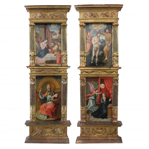 SPANISH SCHOOL, LAST THIRD C16th. PAIR OF ALTAR PIECES. 