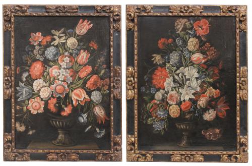 SPANISH SCHOOL, PROBABLY, MADRID, C17th. "PAIR OF FLOWER ARRANGEMENTS",