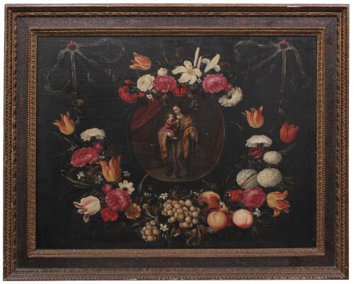 SOUTH DUTCH SCHOOL, SECOND THIRD C17th. "GARLAND OF FLOWERS AND FRUITS WITH SAINT JOSEPH AND THE CHILD".