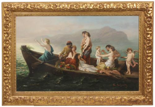 19TH CENTURY EUROPEAN SCHOOL "ROMANTIC SCENE WITH PEOPLE IN A BOAT"