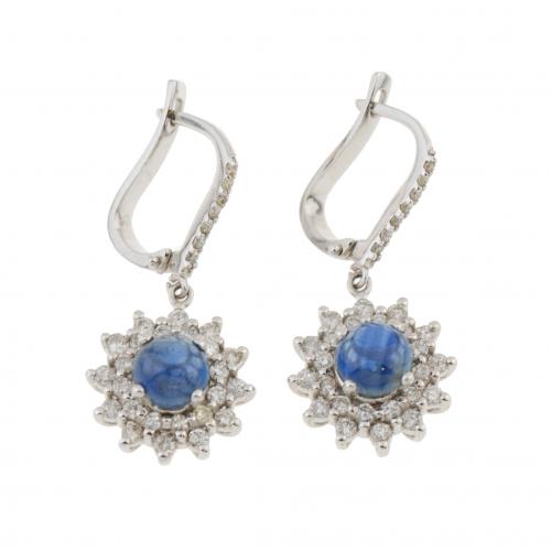 DIAMOND AND SAPPHIRE ROSETTE EARRINGS.